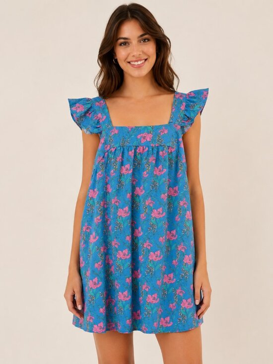 Perch By Blu Pepper Dresses & Skirts - Perch by Blu Pepper Blue Pink Floral Babydoll Dress 2X Ruffle Sleeve Square Neck